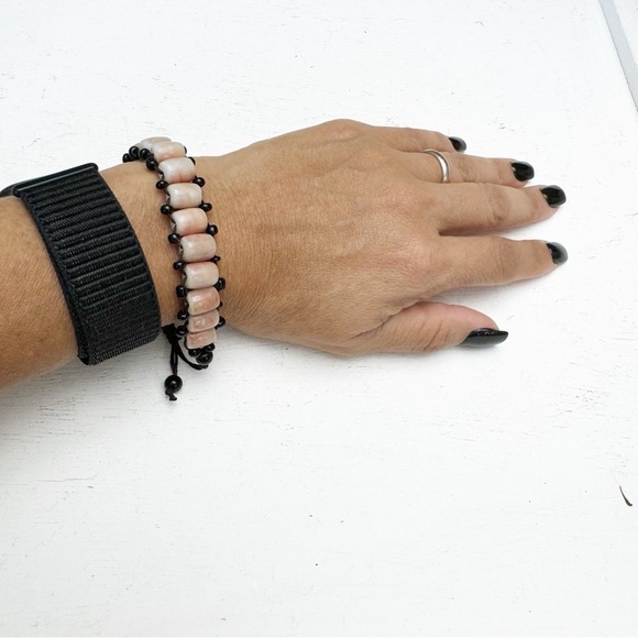 Barrel Shaped Bone Beads Bracelet with Black Rope & Tiny Black Beads Adjustable - Picture 2 of 9